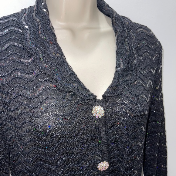 St. John Couture by Marie Gray Black Mesh Sequin Cardigan with Floral Buttons 4 - Picture 5 of 12